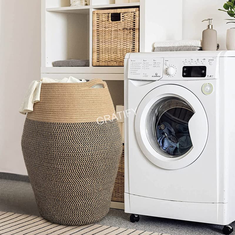 Image of GRATIFY Tall Laundry Hamper | Woven Jute Rope Dirty Clothes Hamper Modern Hamper Basket Large in Laundry Room, (Mix Dark Brown 18x 16 Inch)