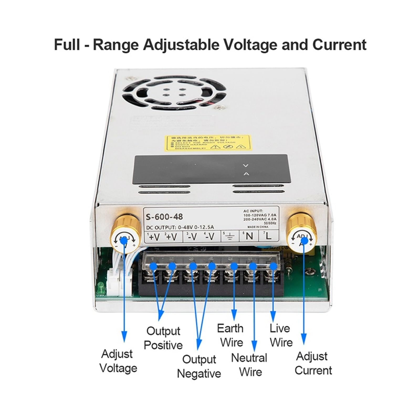 Fuente de alimentación conmutada de CC de 600 W con pantalla LED dual, convertidor de potencia de 0-12 V a 90 V y controlador LED. Protección múltiple(0-24V 0-25A)