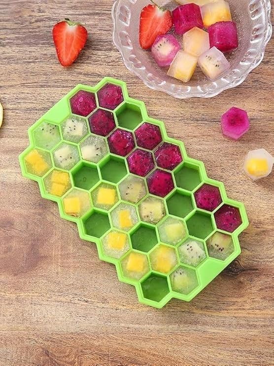 Image of KEMETHY Flexible Silicone Honeycomb 37 Cavity Ice Cube Tray with Lid for Freezer Moulds Small Cubes Whiskey Fridge Bar Soft Ice Cube Tray -Color May Vary-Pack of 2 (37 Cavity) (Green)