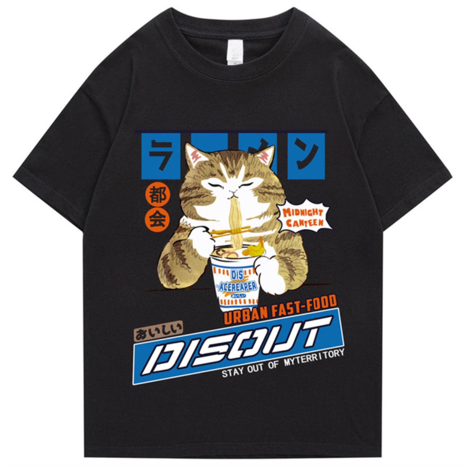 Choux Men's Black Japanese Style Cat Oversized T Shirts Summer Casual Baggy Short Sleeve Tees Harajuku Cotton Man T-Shirt-,M