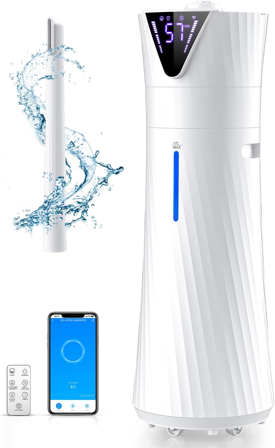 Smart Humidifier Large Room for 2000 sq ft, 17L/4.5Gal Humidifiers for Bedroom with Wi-Fi App & Remote Control, Ultrasonic Cool Mist Large Humidifiers for Home with Essential Oil Box, 3 Speed