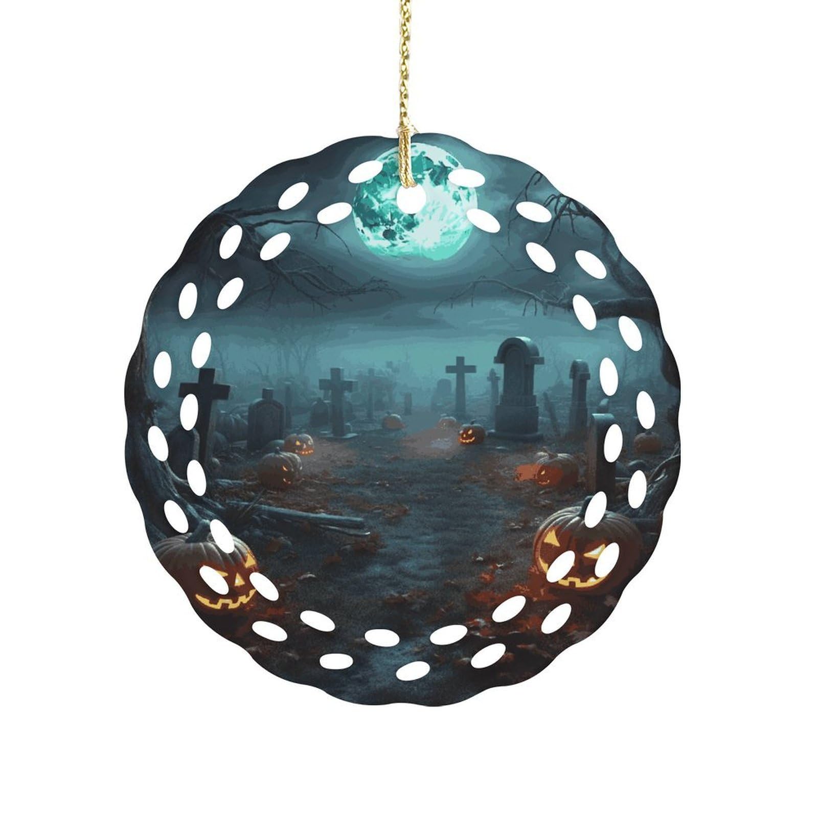 Btcowzrv Style Horror Pumpkin Cemeteryhorror Pumpkin Cemetery Ceramic Ornament,Round Ornaments With Hole Easy To Hang,Hanging Ornament For Wedding Party Home Window Garden Christmas Day Decor