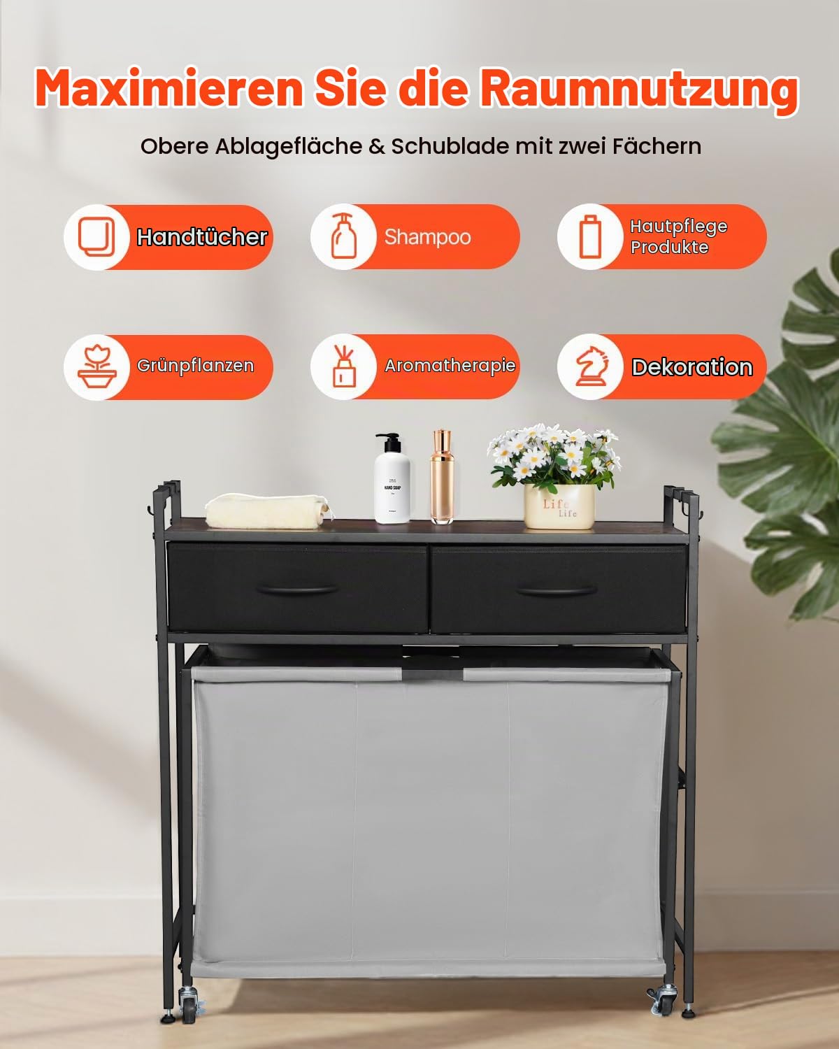VEVOR Wäschekorb Wäschesammler mit 3 Fächern & Holztischplatte, Wäschesortierer auf Rollen mit 2 Schublade & Haken, Wäschetrenner Wäsche-Sortiersystem für schmutzige Kleidung Badezimmer