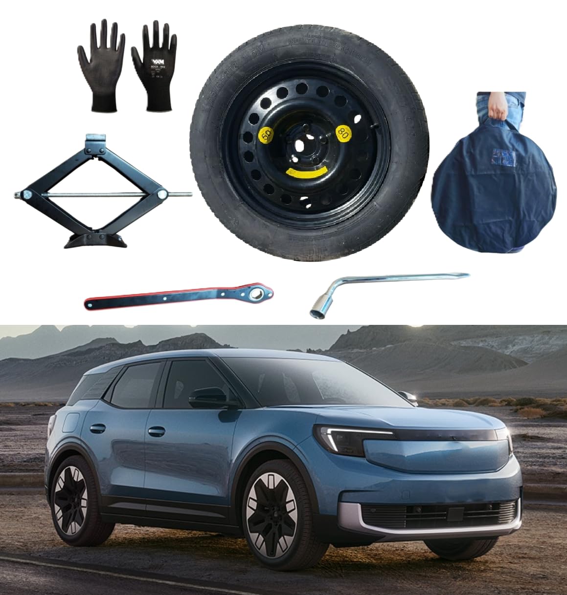 Kit Ruotino di Scorta 18" compatibile con Ford Explorer EV 2024 con Cric, Chiave, Guanti e Sacca 155/85R18