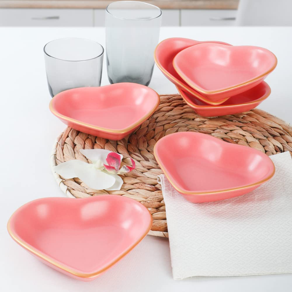 Keramika Mat Pembe Altın Fileli Kalp Çerezlik/Sosluk 14 Cm 6 Adet