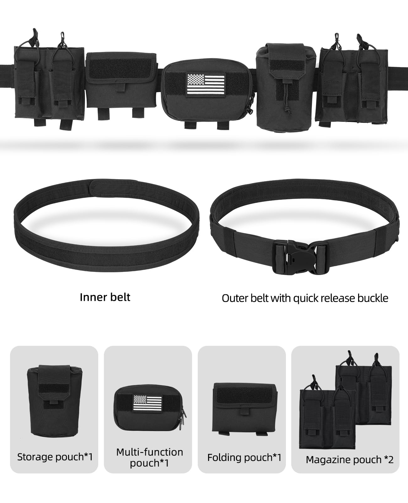 EZshoot Tactical Duty Belt - Multifunctional 7 in 1 with Accessories Pouches for Outdoor Sport - Black