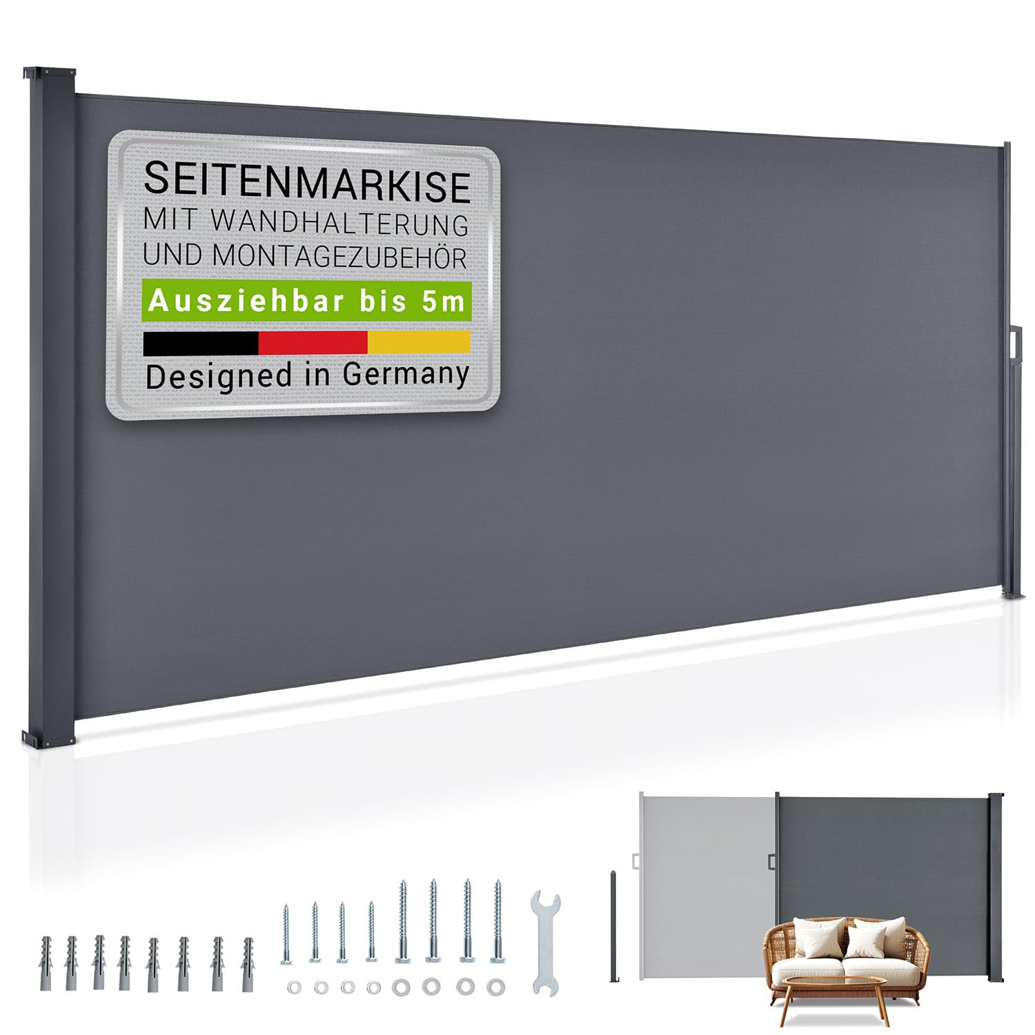 Juskys Seitenmarkise Dubai 500 x 160 cm – ausziehbar, blickdicht, Anthrazit