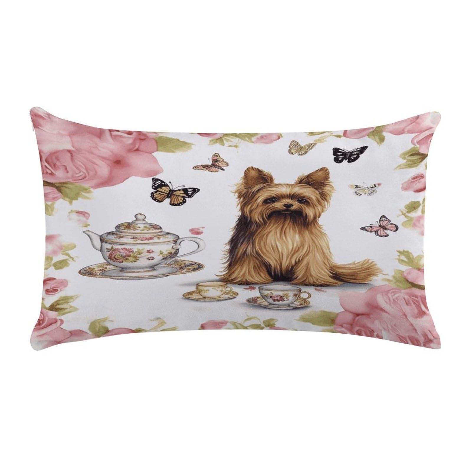 VstaDank Yorkshire Terrier Tea Party Butterflies Roses Pillow Cover Pillowcase for All Seasons Short Plush Body Pillow Case Soft Cozy Fuzzy Lumbar Long Pillow Cover for Bed Sofa Bench 20 X 12 Inches