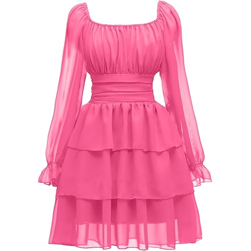 OBBUE Women's Summer Dress Tie Back Square Neck Aline Long Sleeve Layered Swing Mini Dresses