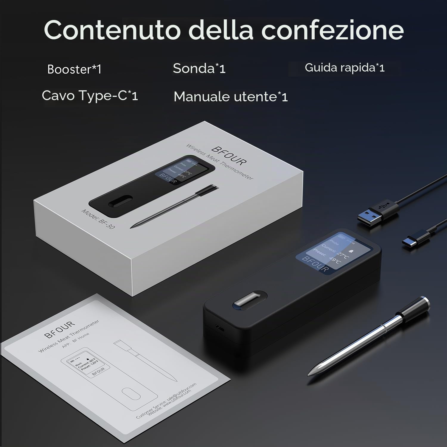 BFOUR BF-30 Pro, termometro per carne senza fili, display LCD Bluetooth, connessione app, 100% impermeabile, per barbecue, forno, affumicatura, arrosto ad aria