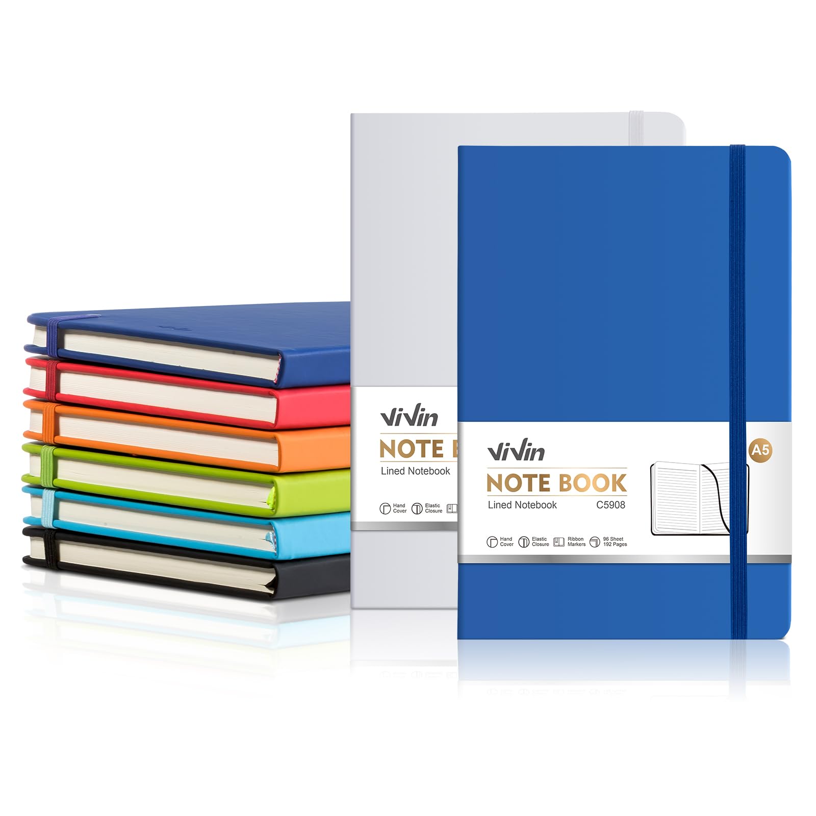 ViVin Lined Journal Notebooks for Work, 192 Pages, Medium 5.5 x 8.3 inch, College Ruled, A5 Hardcover Journaling Notebooks for Writing, 8 Pack Bulk