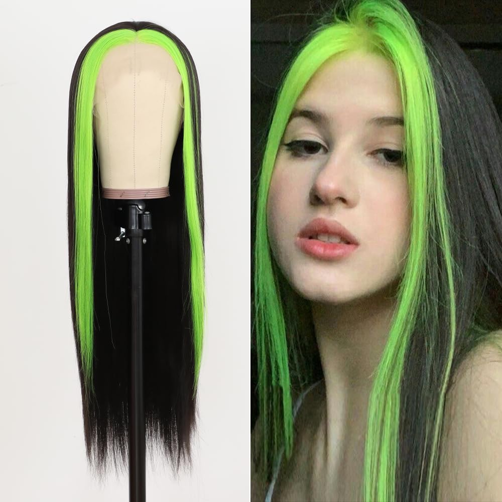 Aubree Green Highlights Black Frontal Lace Wigs Glueless Pre Plucked Synthetic Lace Front Wigs Long Straight Hair Natural hairline wigs for Women
