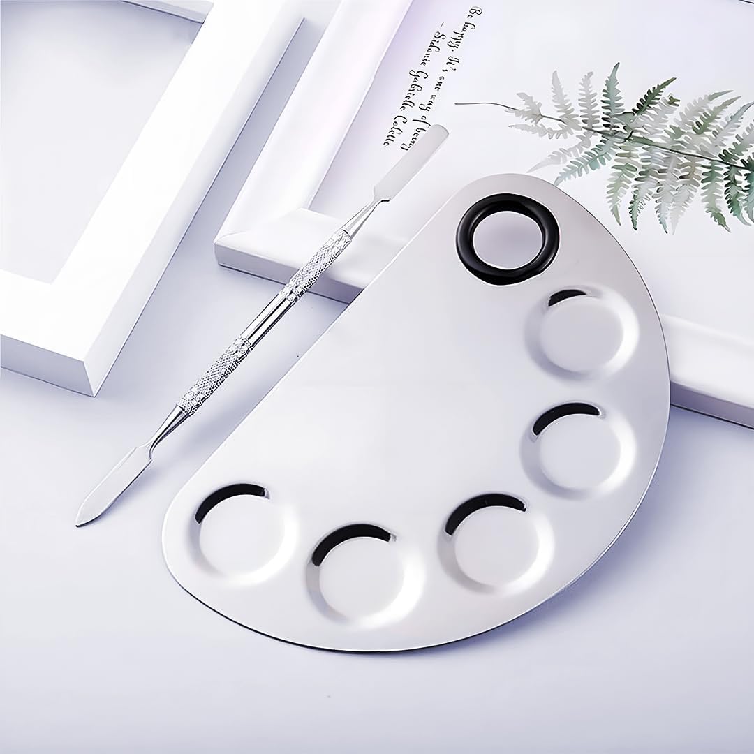 Gleevia Stainless Steel Cosmetic 5 Dip Makeup Mixing Plate with Spatula Tool, Professional Cosmetic Mixing Makeup Palette for Women (Silver)-image-25