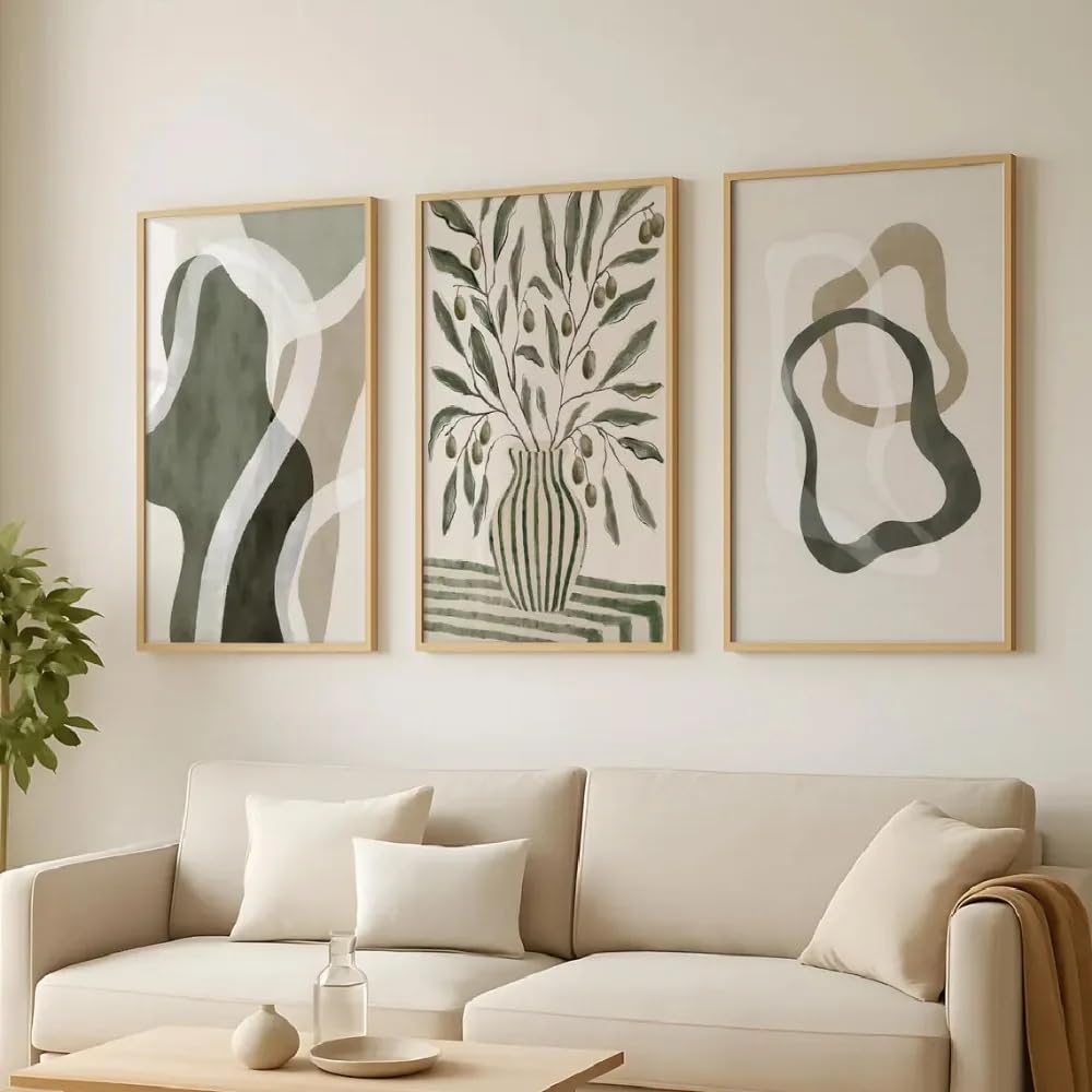 Dittelle Frameless Bohemian Wall Art, Plant Abstract Poster, Modern Neutral Home Decoration, Olive Green Wall Art Decoration(60X80cm/3Pcs )