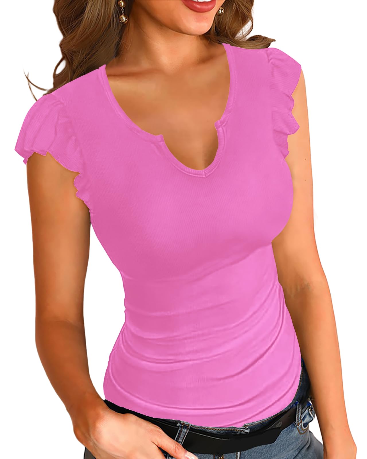 Basicspace Damen Sommer Kurzarm Rüschenmanschette Slim Casual Stretch V-Ausschnitt T Shirt Elegant Sexy Fit Basic Ribbed Top