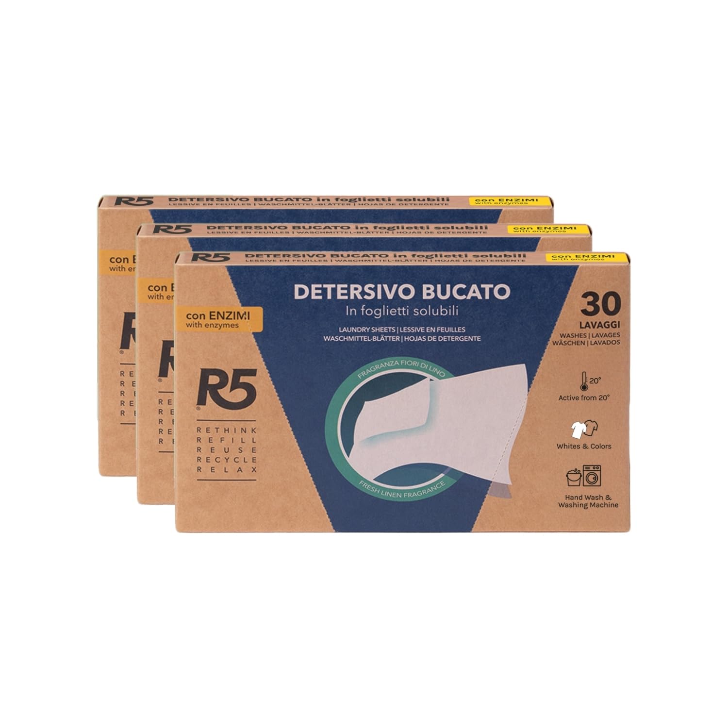 R5, Detersivo Bucato in Foglietti Solubili, 90 Lavaggi, Detersivo in Fogli con Enzimi per Lavatrice o Lavaggi a Mano, per Capi Bianchi e Colorati, Profumo Fiori di Lino, Eco-​Formato
