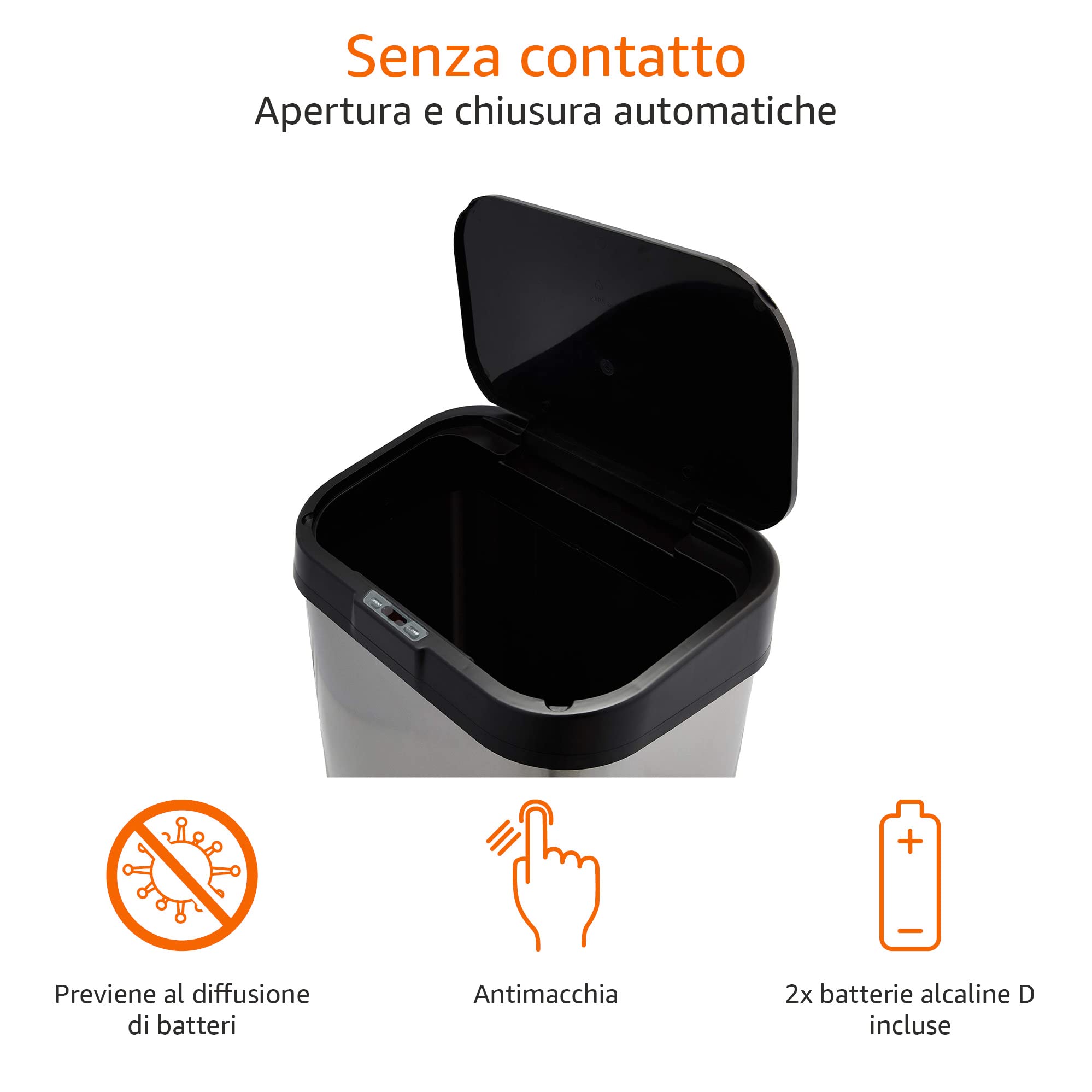 Amazon Basics Pattumiera in acciaio inox, automatica, Rettangolare, da 60 litri, Argento, Nero