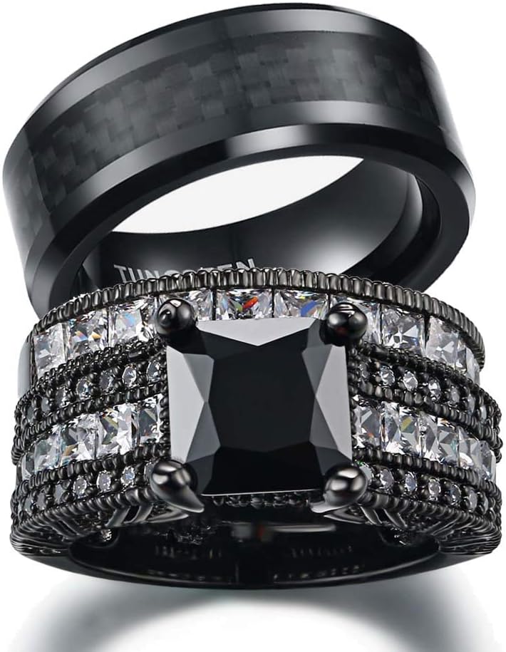 カップルリング ブライダルセット 男女用 ブラックゴールド スクエアキュービックジルコニア メンズ タングステンカーバイドバンド 結