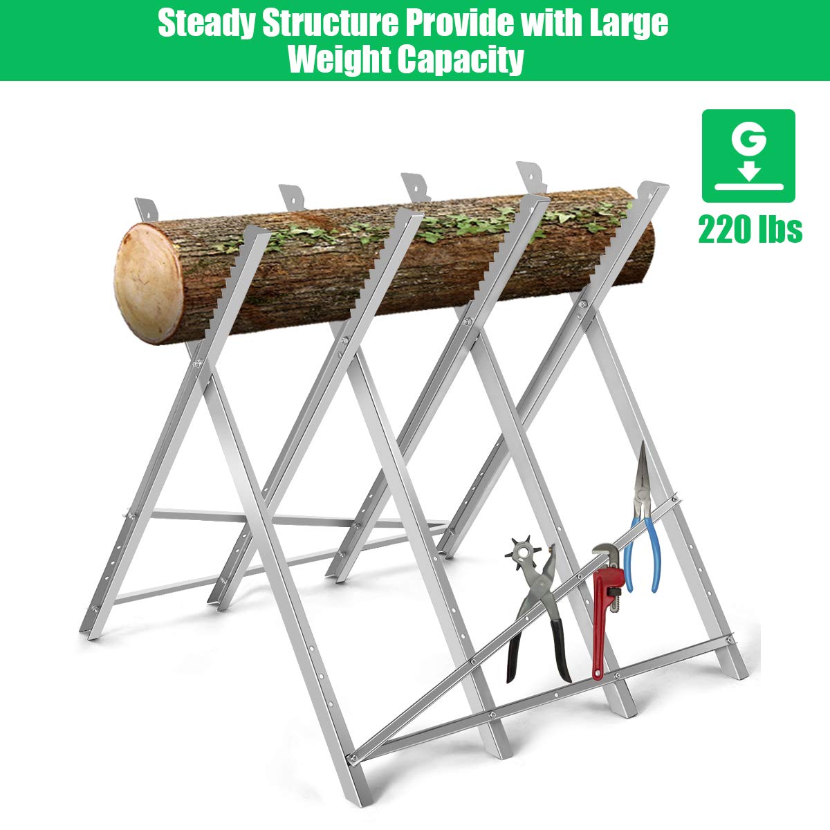 Goplus Portable Folding Sawhorse, Adjustable Steel Sawbuck for Firewood