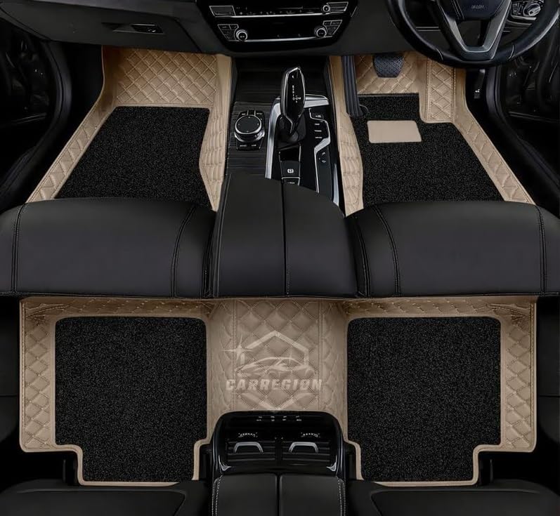 Image of 7D Car Foot Mat for Nissan TEKTON - 5 Seater | Beige with Black | Premium Leatherette | Imparts Luxurious & Elegant Look | 100% Waterproof and Dust Proof | Custom Fitted Car Floor Tray Mat