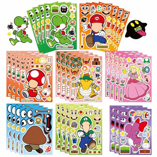 Image of 32 Sheets Mario Make a Face Stickers, Cartoon Book Crafts for Kids, DIY Party Supplies Favors Your Own Mixed and Matched with Different Designs Characters Birthday Gifts Class Reward Decor 13+