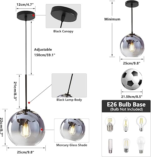 Miniatura 2 de KCO Lámpara colgante de globo de cristal plateado, moderna lámpara de techo colgante con alambre ajustable de mediados de siglo, lámpara colgante