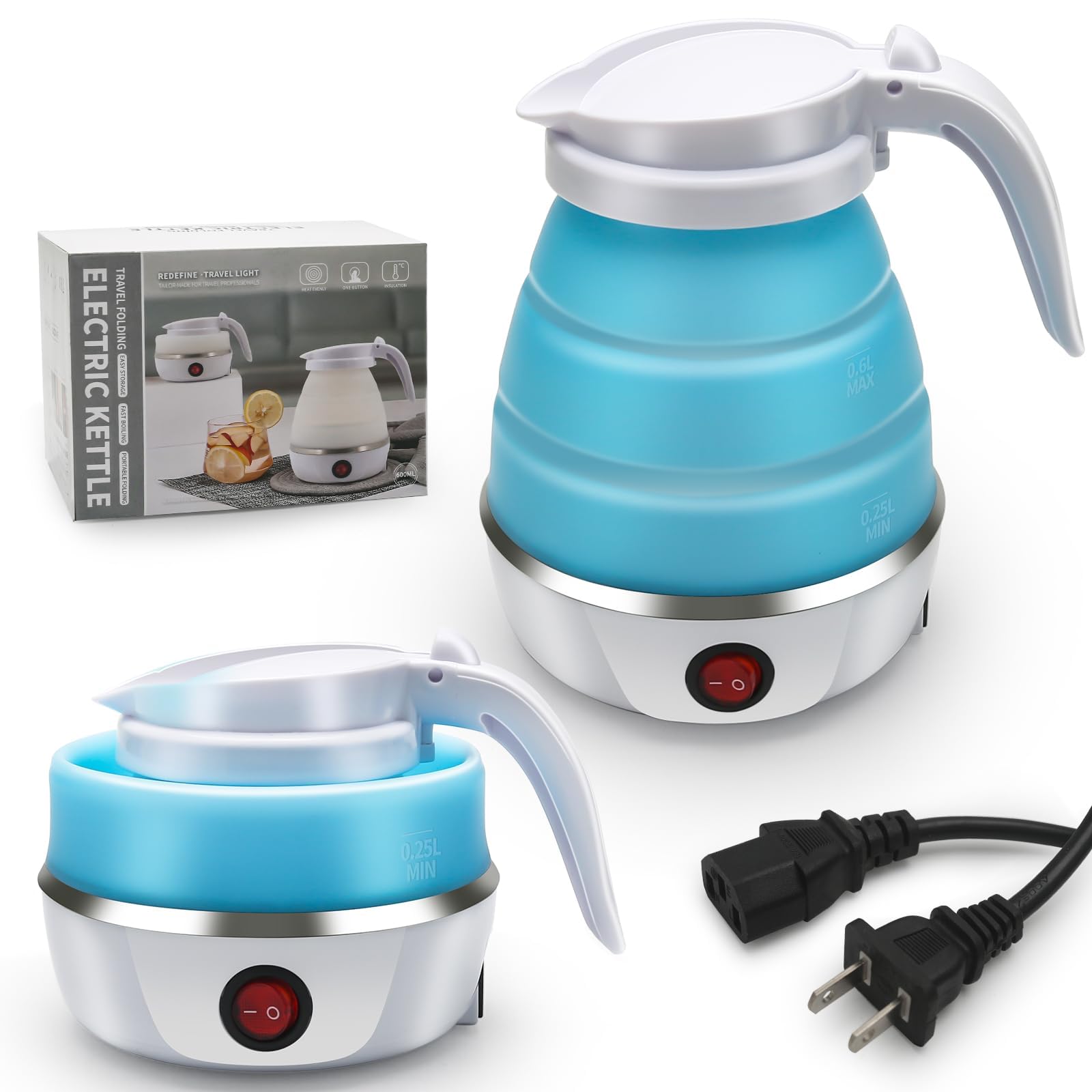 Foldable Electric Kettle for Travel | Collapsible Portable Hot Water Boiler with Compact Design | Mini Electric Kettle for Home Office Camping Kitchen Blue-image-44