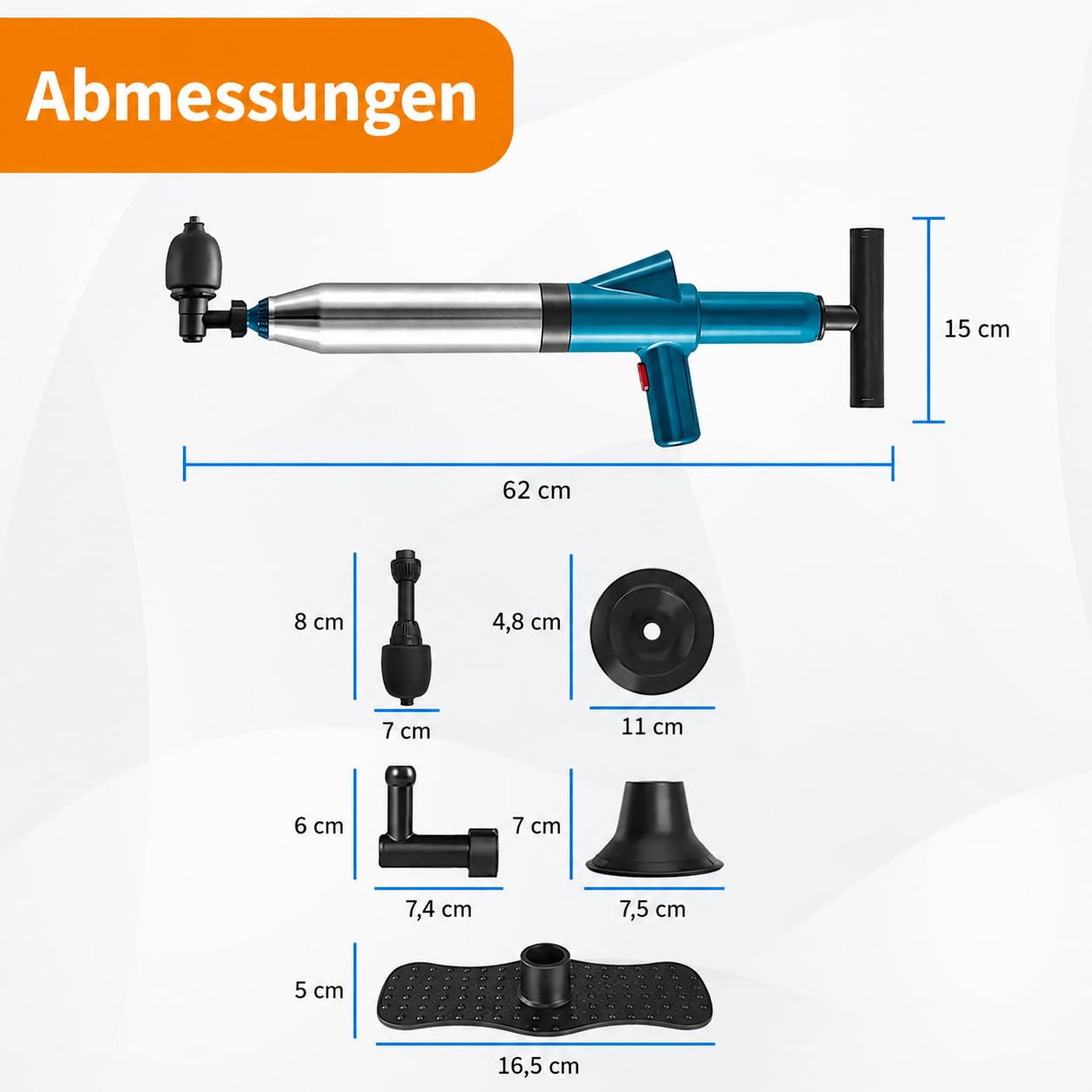 Professioneller Luftdruck Pumpe Entstopfen - 4 Entstopfungsköpfe - WC Waschbecken Abfluss Kanalisation - Edelstahl - 0-8 Bar
