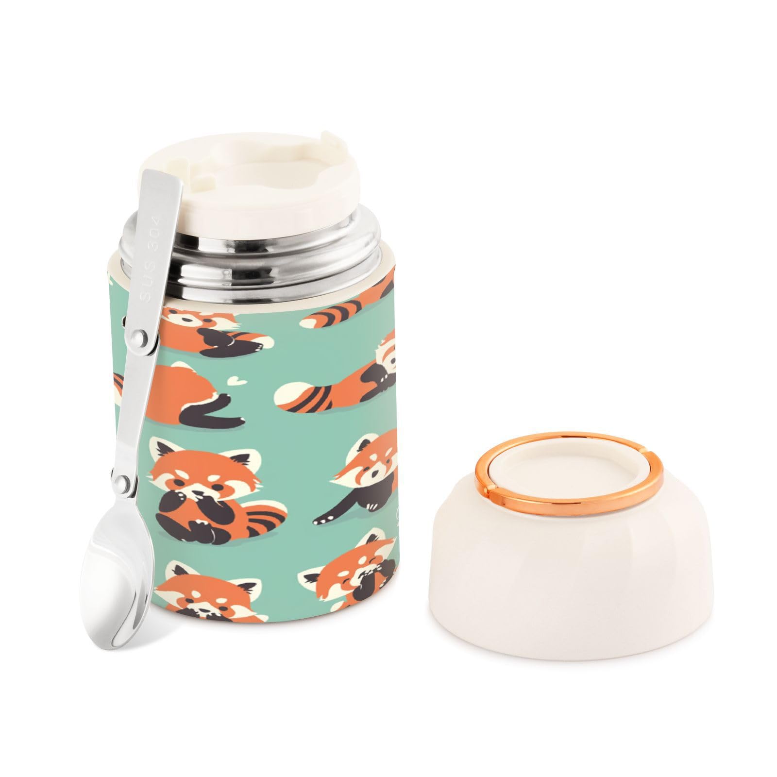 Ewusp Cute Red Panda Food Flask for Adults 500ml Stainless Steel Double Walled Vacuum Insulated Food Jar with Folding Spoon BPA Free Leakproof Soup Container