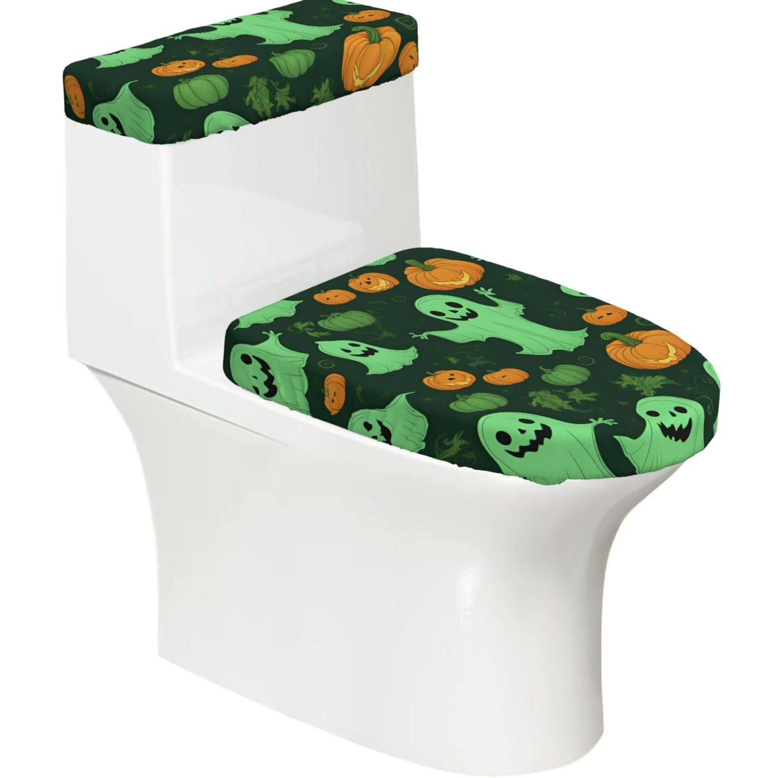 Green Ghost Horror Halloween Pumpkin 2 Print Stretch Toilet Covers Set, Polyester Covers Replacement For Fits Most Size Lids Bathroom Decor