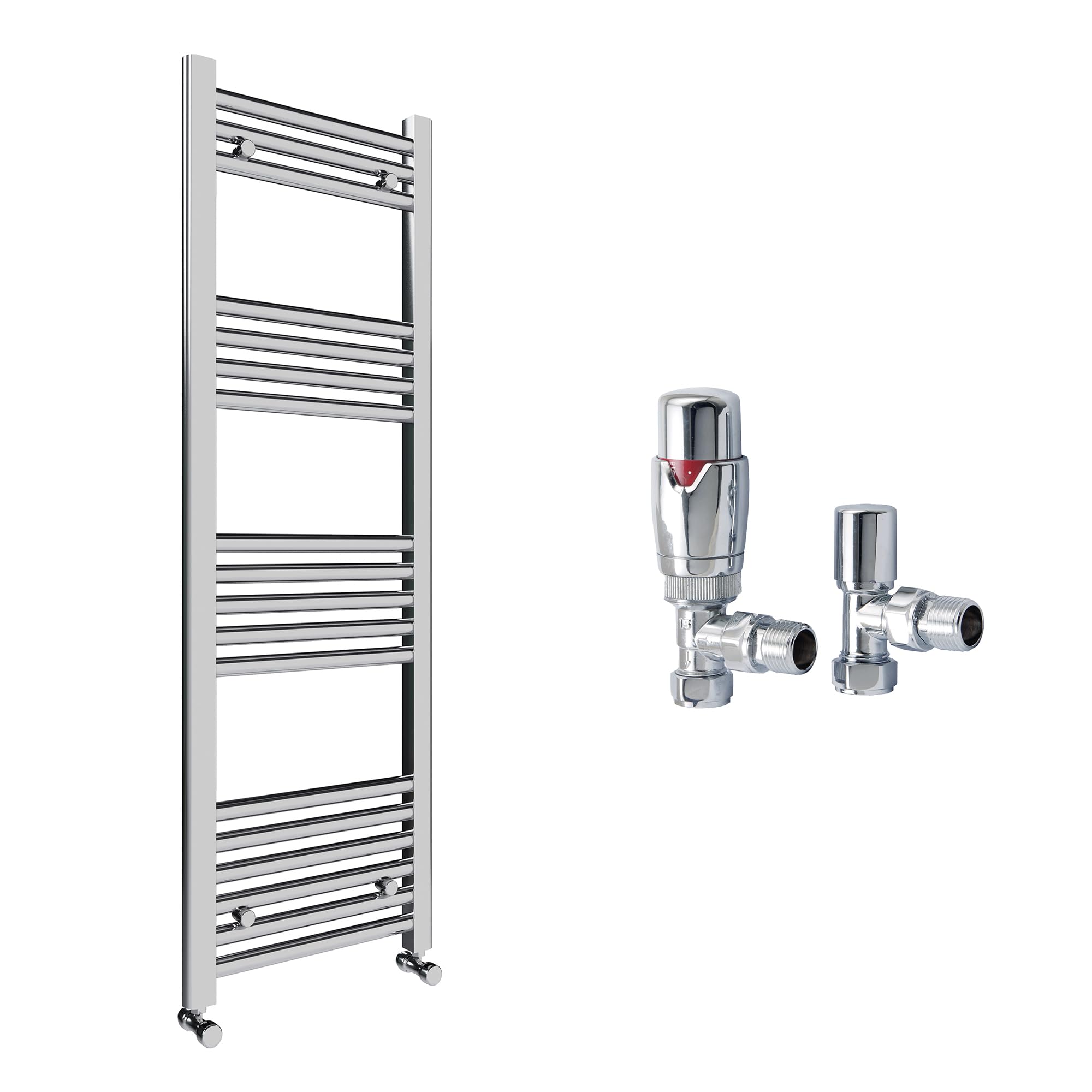Chrome Bathroom Straight Heated Towel Rail Radiator 500 x 1200 & Angled Thermostatic Valves
