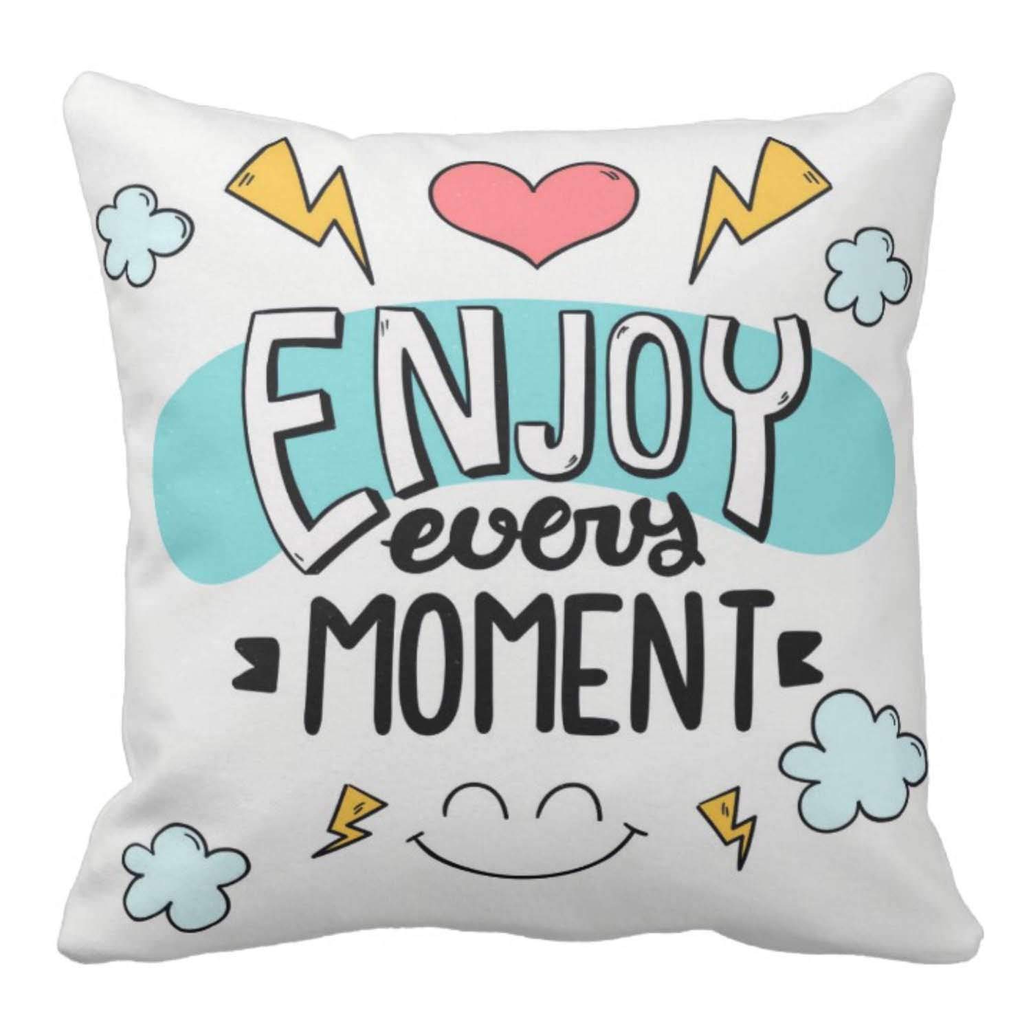 FUNKY STORE Enjoy Every Moment Motivational Quotes Glazed Velvet Cushion Pillow Cover (12x12 inches) Multicolour for Home Decor Sofa Chair Bedroom Living Room