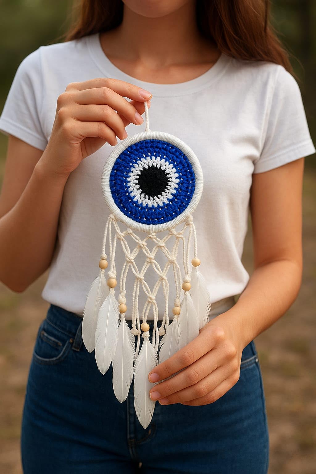 FEATHRA Handmade Evil Eye Dreamcatcher Wall Hanging – Blue & White Crochet Dream Catcher with Feathers & Beads – Boho Home Décor, Protection & Good Luck Charm (Evil Eye) 1