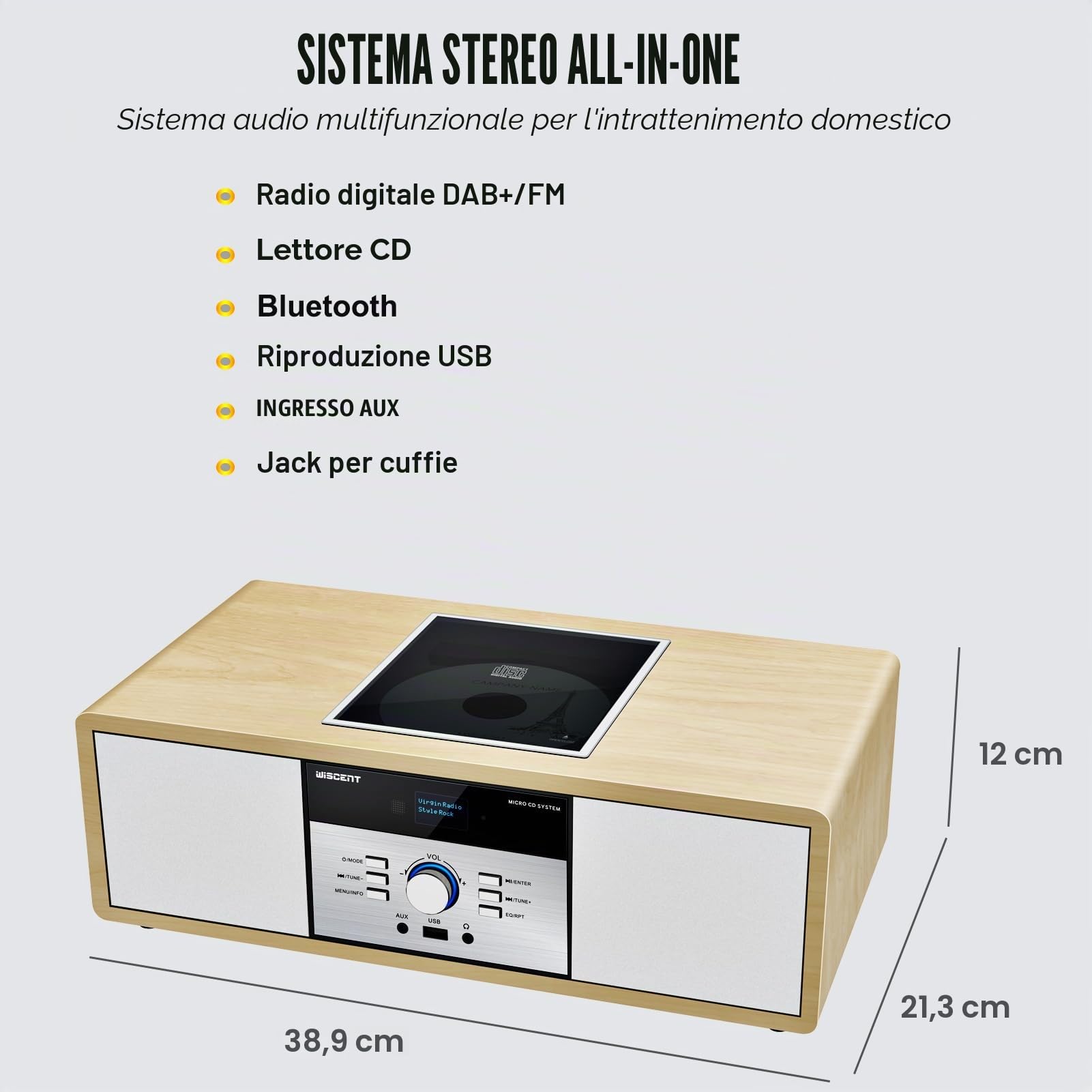 Impianto Stereo Casa Hi-Fi Radio DAB+ Lettore CD Bluetooth 5.0 FM USB 30W Design Retro Legno