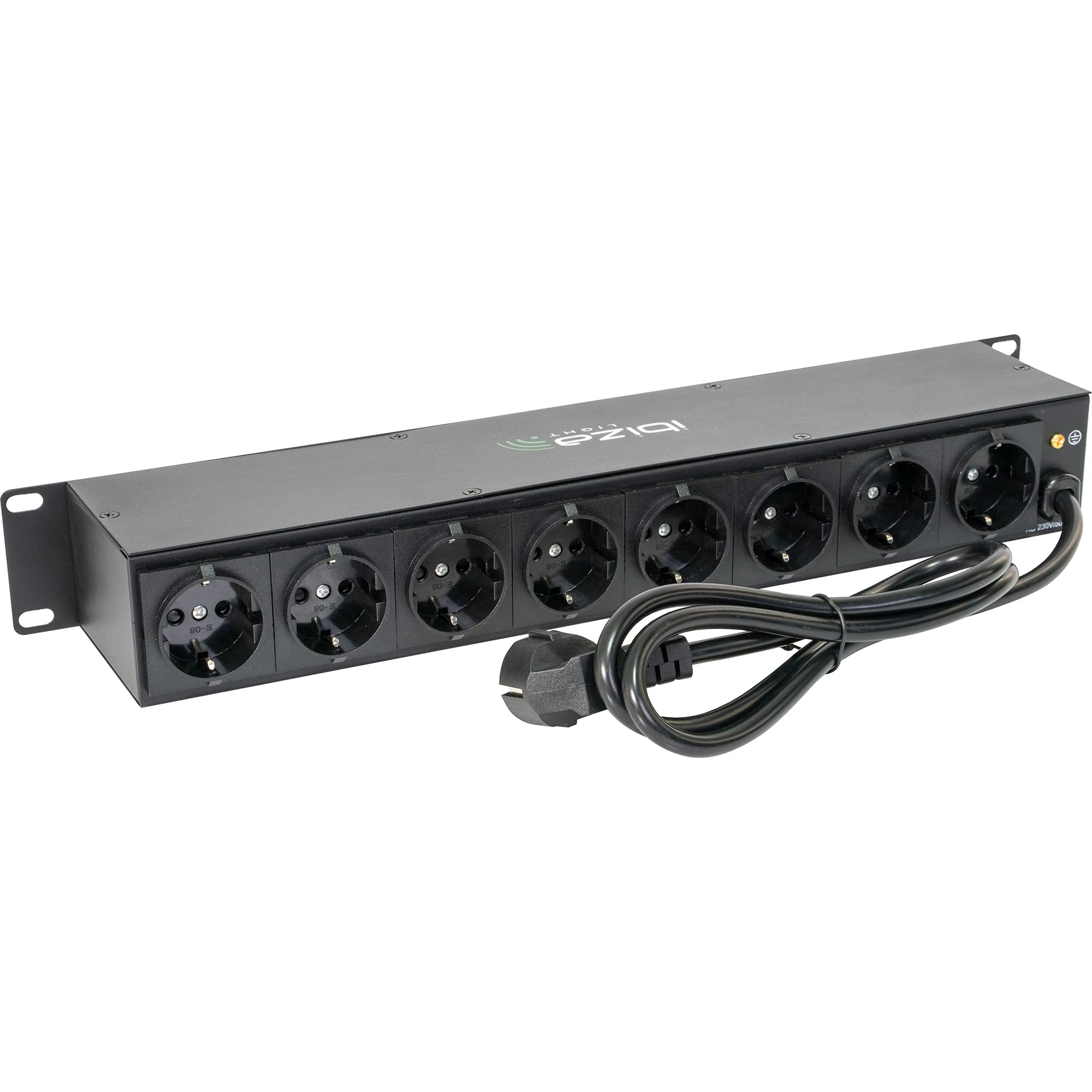 LC806S - IBIZA - Boitier multiprise encastrable 19” à 8 Voies avec commutateur dédiés - Alliage Aluminium Noir - Prises Schuko & Prolongateur 16A 2P+T HO5VV-F 3G1,5mm² Noir 5m