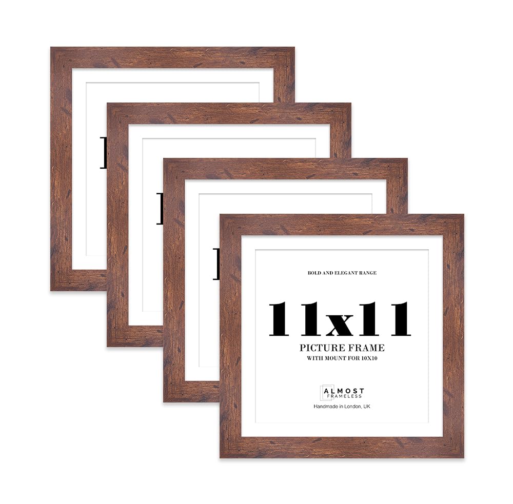 11x11" Rustic Wood Square Frame With Mount for 10x10" Pictures 28mm Edge Frame Display with Wall Hooks and Kickstand, 4 Pack