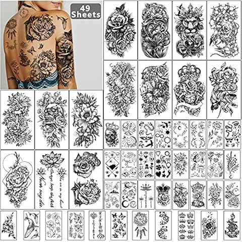 Yazhiji 49 sheets Large Flowers Butterfies Crown Waterproof Temporary Tattoos for Women and Girls,Fake Tattoos for Kids or Adults Boby Make Up Tattoo Cover
