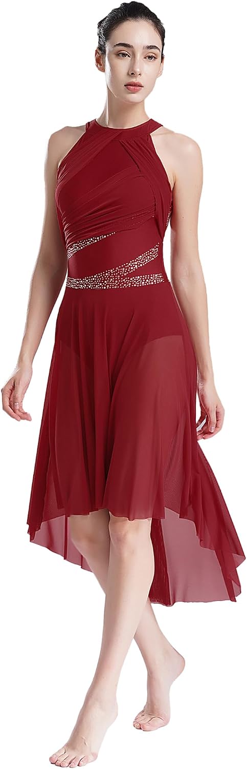 Women Lyrical Ballet Dance Dress Asymmetrical Flowy Skirt Leotard Contemporary Dance Costumes