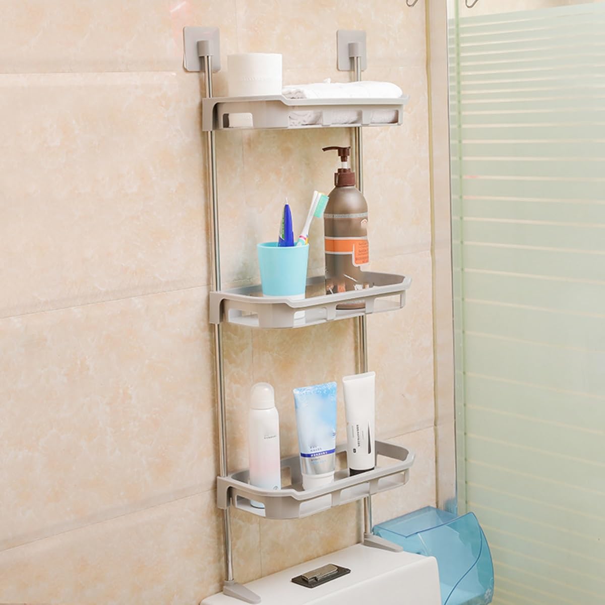 Étagère de rangement au-dessus des toilettes avec adhésif mural beige