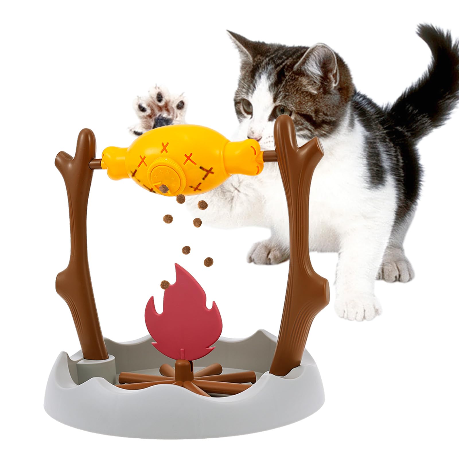 11.8" High Cat Treat Dispenser Campfire Rotating Grilled Fish Design Cat Puzzle Slow Feeder Toy BBQ Enrichment Interactive Stimulation Toy for Kitten Play