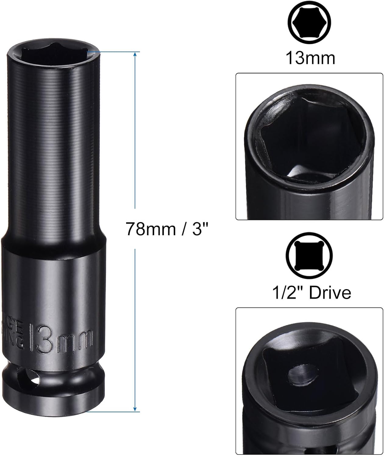 uxcell 1/2" Drive 13mm 6-Point Deep Sockets 3" Length with 1/2" to 1/4" Hex Shank Adapters Phosphate Coated, CR-V Steel Socket Adapter Accessory Set Kit for Hex Bolts Nuts