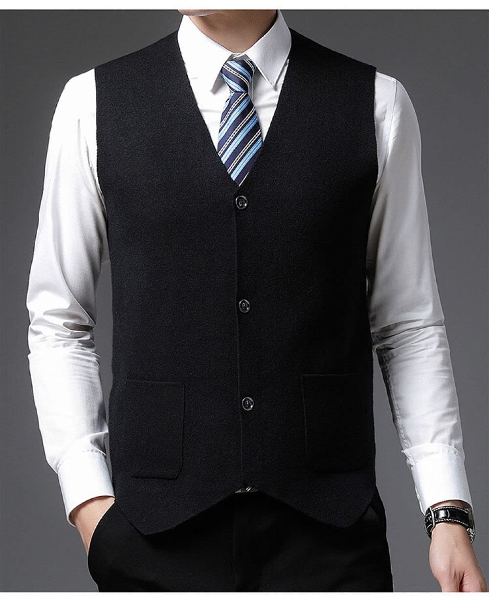 Strickweste Herren Ärmellos,Herren Strickpullover Weste Lässig Einfarbig Schwarz V-Ausschnitt Ärmellos Knöpfe Strickjacke Weste Classic Business Slim Strickweste Herbststrick Tanktops Mit Tasche