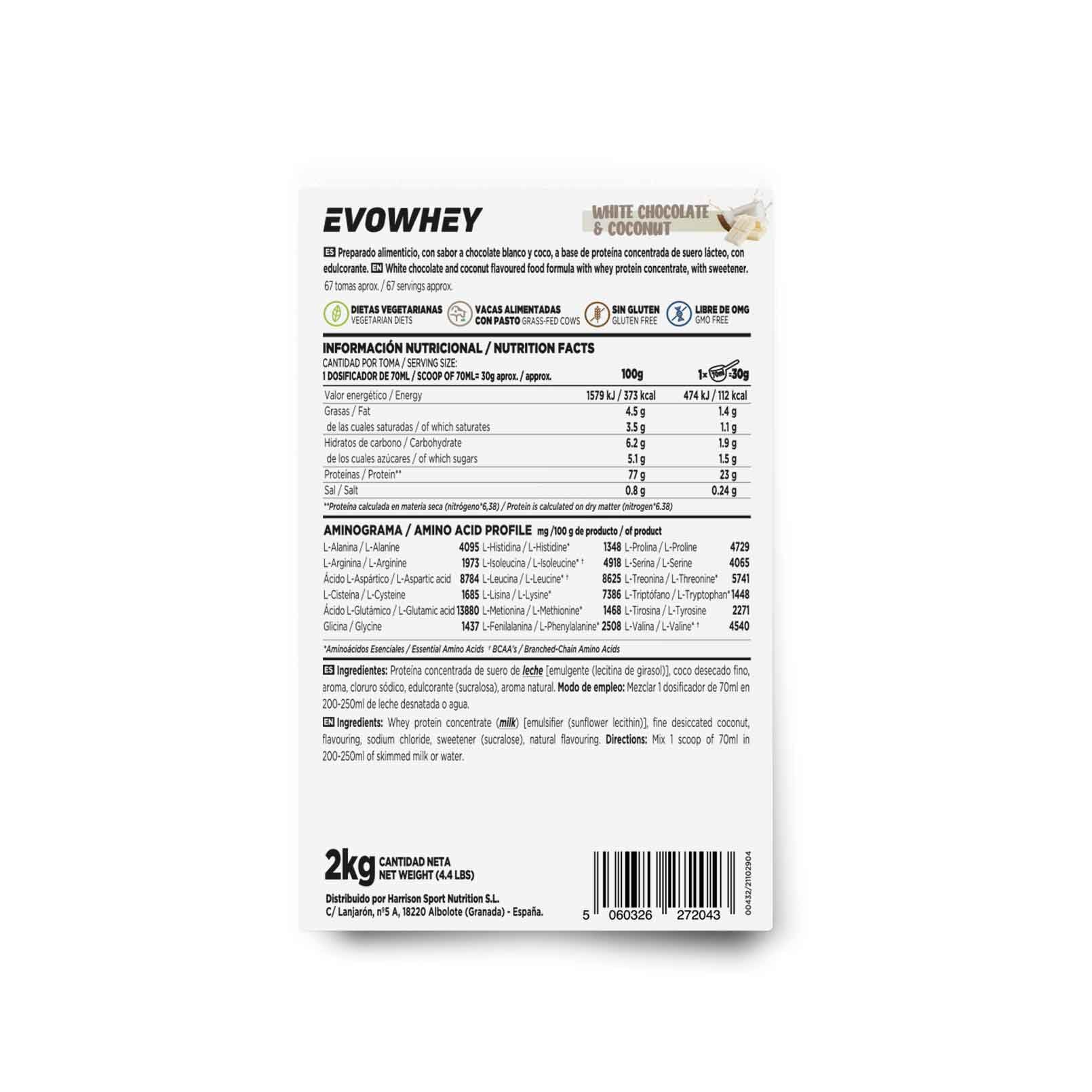 HSN Sports Evowhey - Konzentriertes Molkenprotein Schokolade weiß Kokos 2000 gr Schwarz