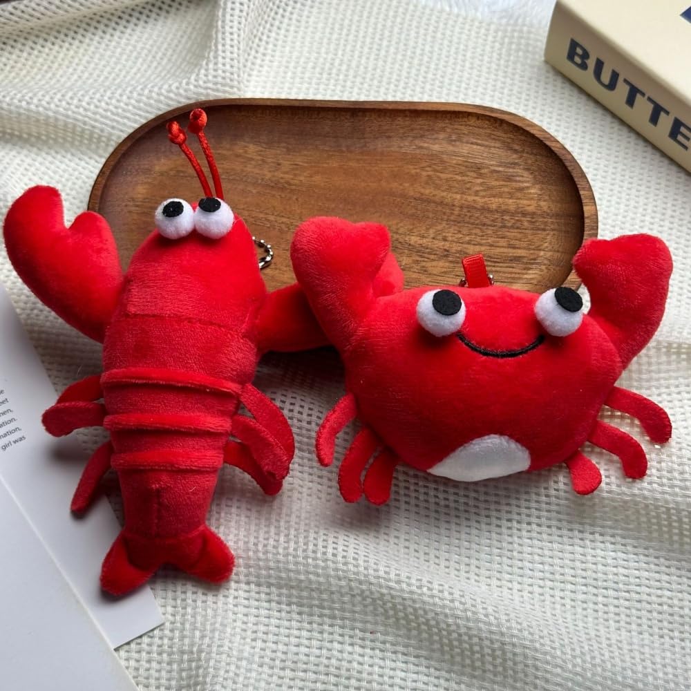 TONGMAN 2Pcs Crab and Lobster Plush Keychain, Soft Fluffy Toy Key Ring for Bags Backpacks, Cars