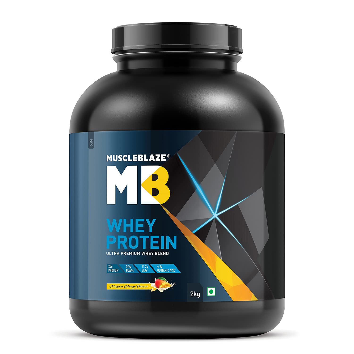 MuscleBlaze 100% Whey Protein, Ultra Premium Blend with Concentrate & Isolate, 25 g Protein per Scoop (Magical Mango, 2 kg / 4.4 lb)