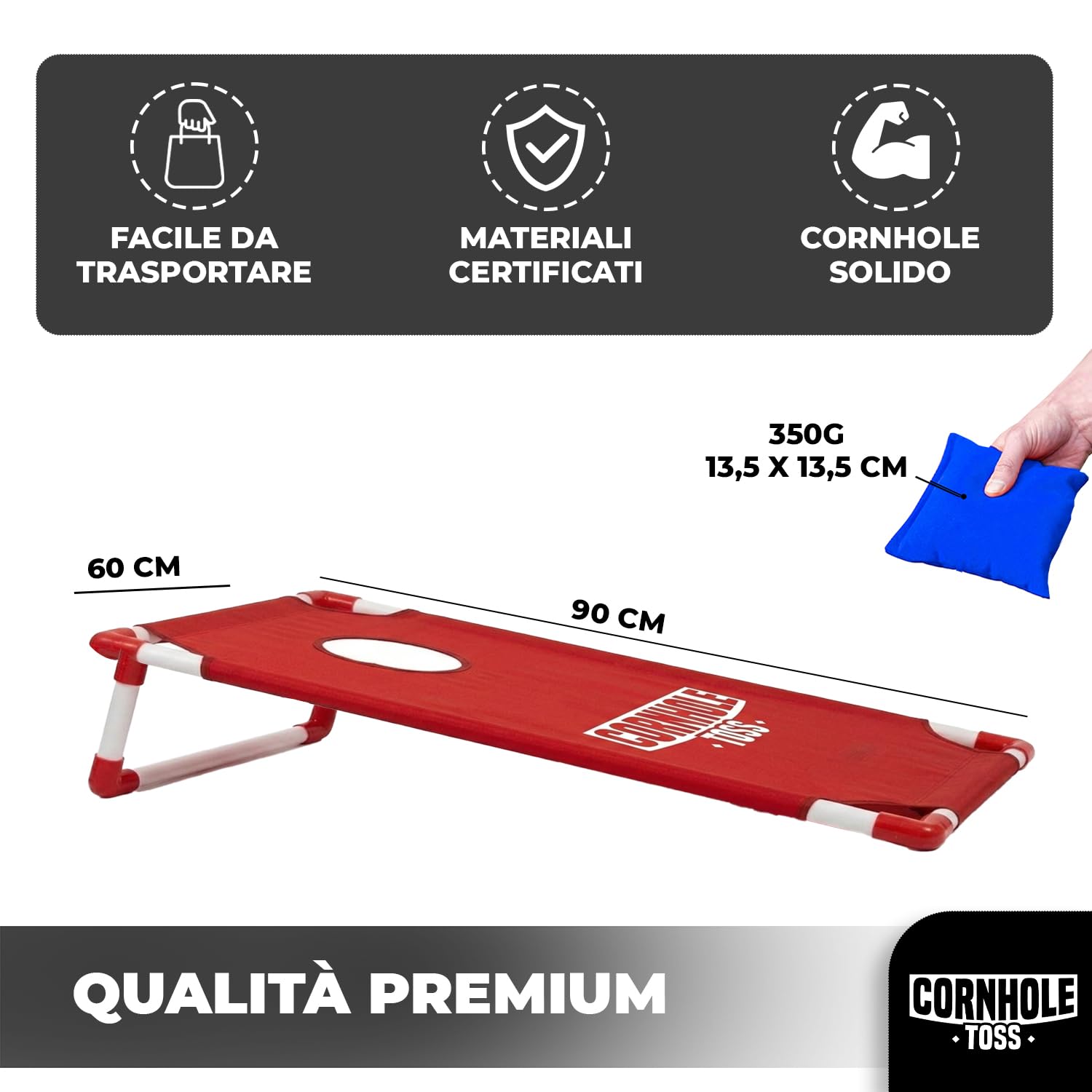 Cornhole Toss – Leggero e Pieghevole in Tessuto 90×60 cm – Set con 2 Tavole + 8 Sacchetti + Borsa da Trasporto – Gioco da Esterno per Adulti – Original Corner