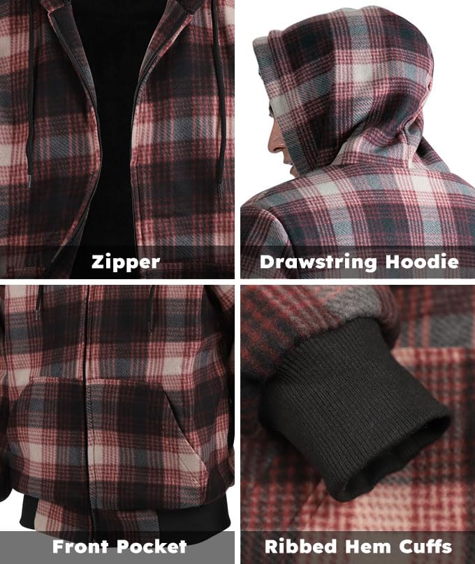 Image of TanBridge Plaid Flannel Hoodie Sherpa Fleece Lined Shirt Jacket Cotton Hoodies Zip Up Winter Warm Coat