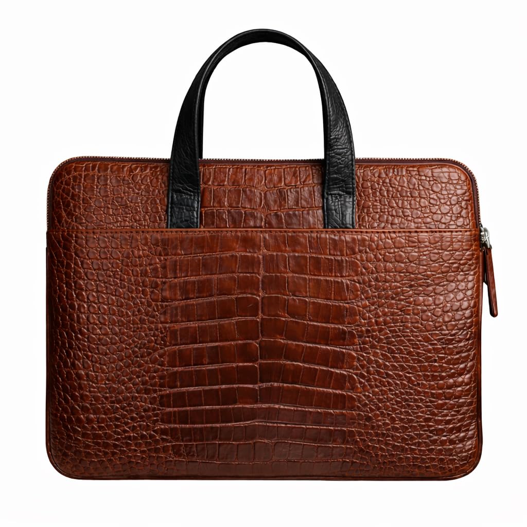 Borsa in pelle per laptop MacBook Pro e Air da 13", fatta a mano, in pelle pieno fiore, con manici, custodia protettiva sottile (coccodrillo marrone con nero)