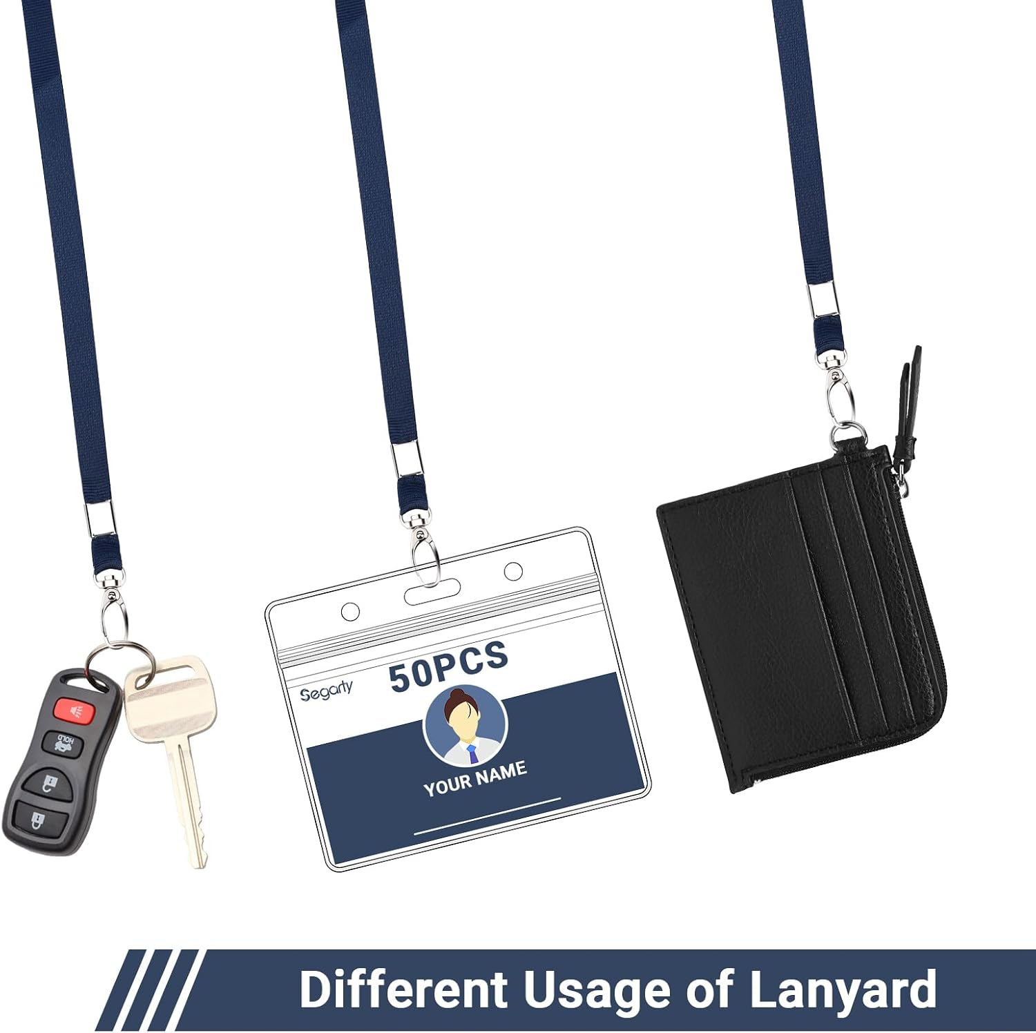 Segarty Lanyard for ID Badge, 50 Pack Horizontal Clear Plastic Name Tags Neck Key Card Badges Holders, Dark Blue Strap Lanyards Clip Waterproof Ziplock Nametag Protector for Business, Student, School