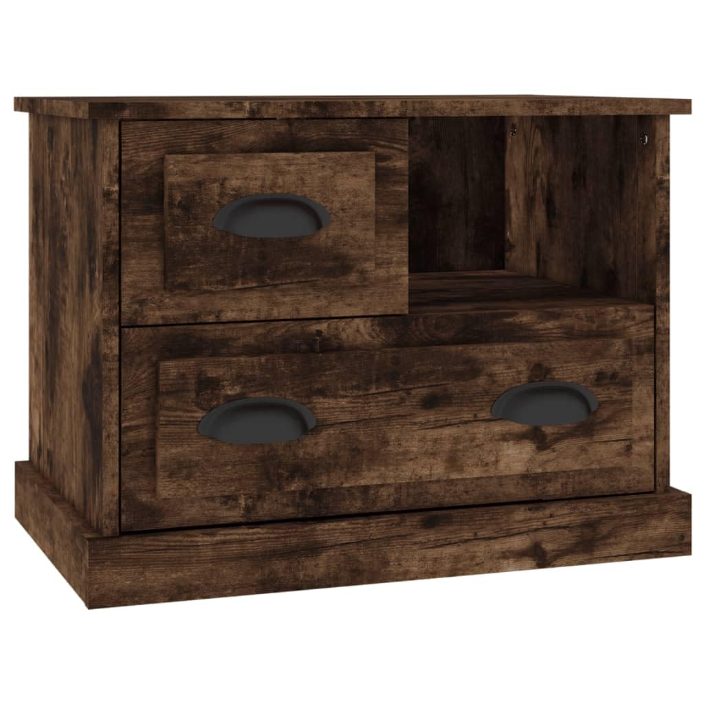 Table de chevet moderne 2 tiroirs chêne fumé, table d'appoint en bois stable 60 cm
